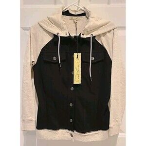 NWT DG2 Diane Gilman Hooded French Terry Jean Jacket Black Cream XS S M